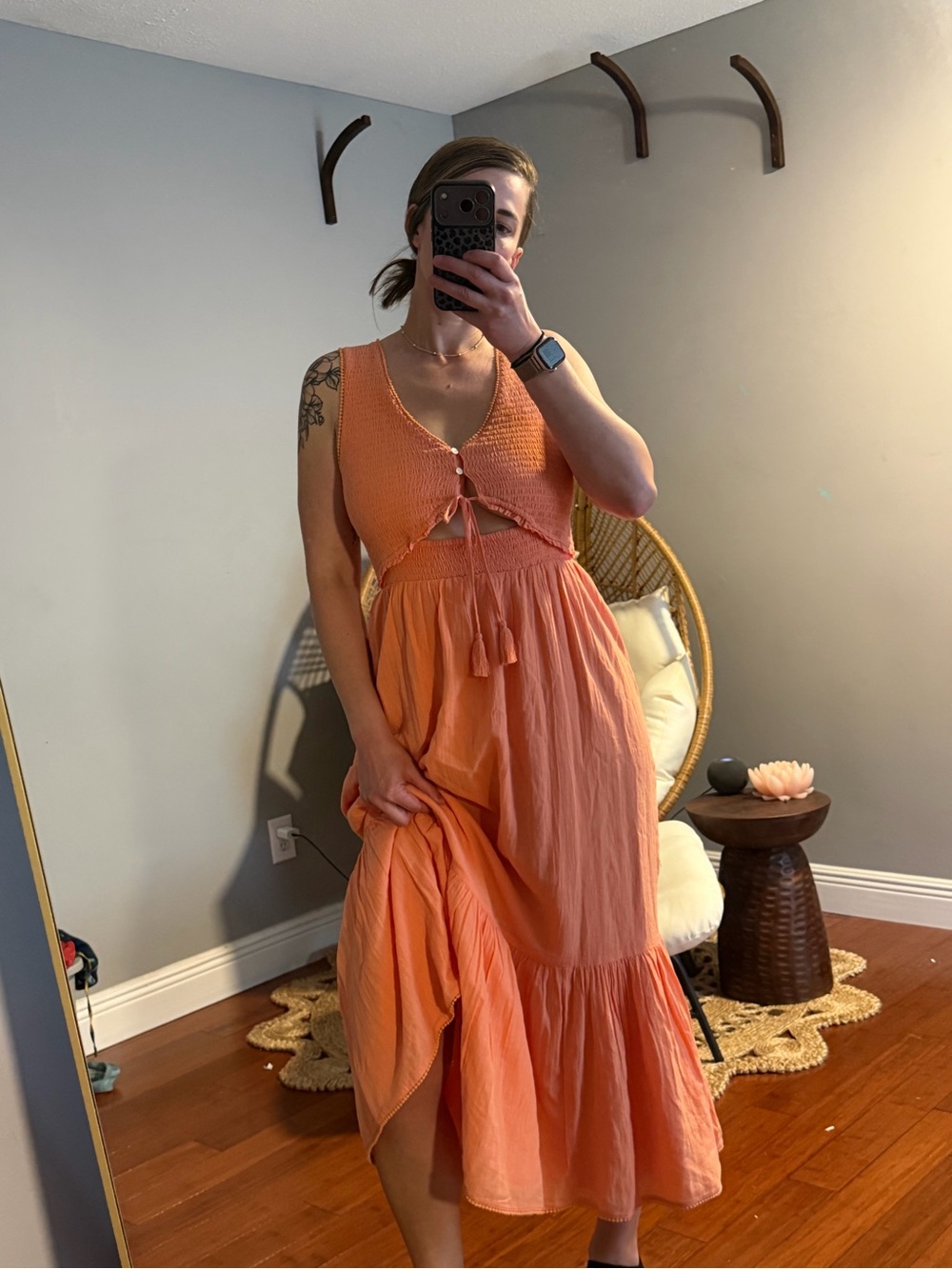 American Eagle Sleeveless Peach Tie-Front Maxi/midi Dress